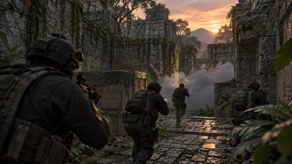 Illustrative overgrown Ancient-style map scene, not actual match footage
