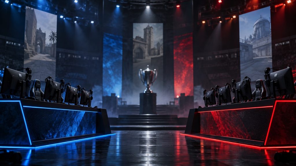 Illustrative esports arena and trophy between opposing stations, not a real event photo