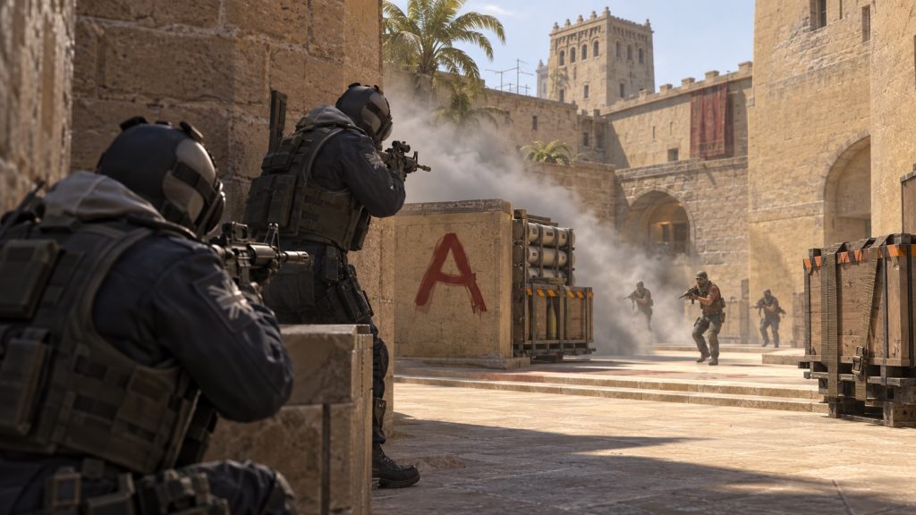 Illustrative Counter-Strike-style desert bombsite scene, not actual match footage