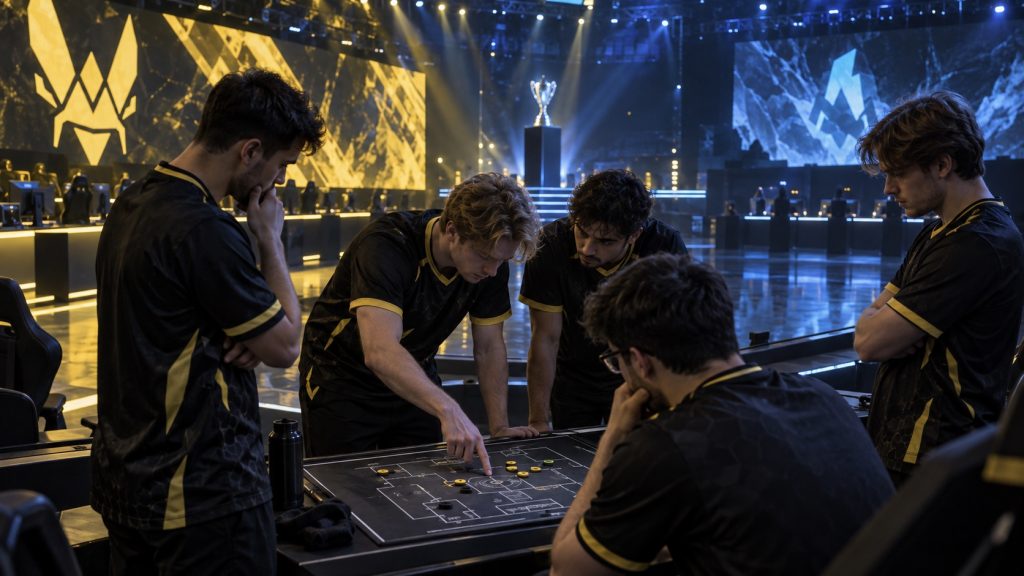 Illustrative anonymous team reviewing a tactical board, not actual Vitality players