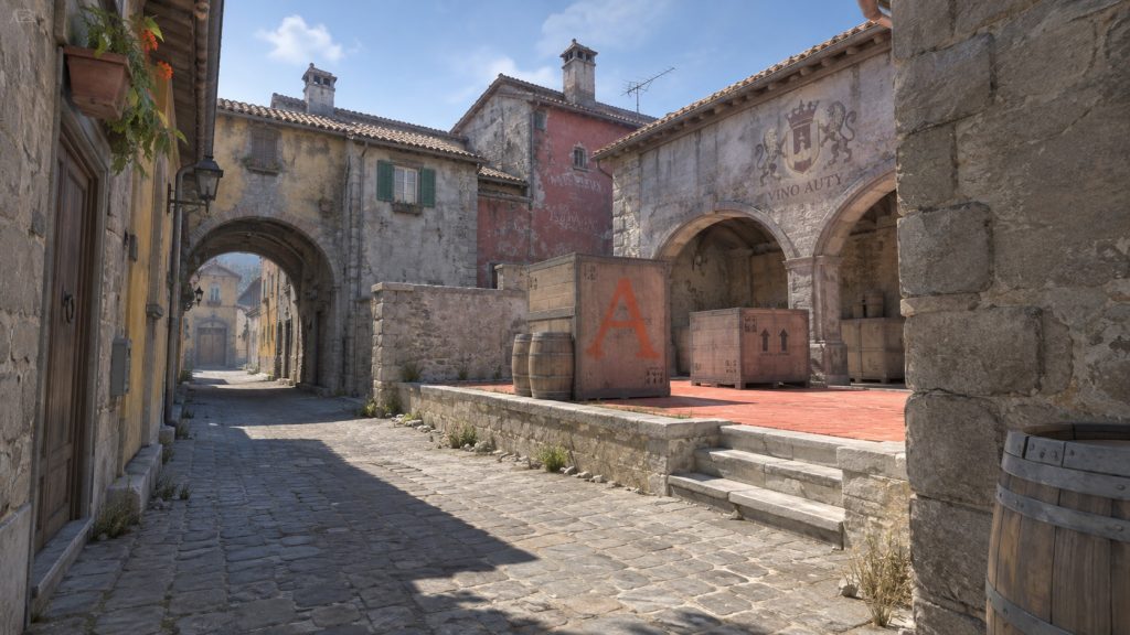 Illustrative Inferno-style tactical shooter map; not actual match footage.